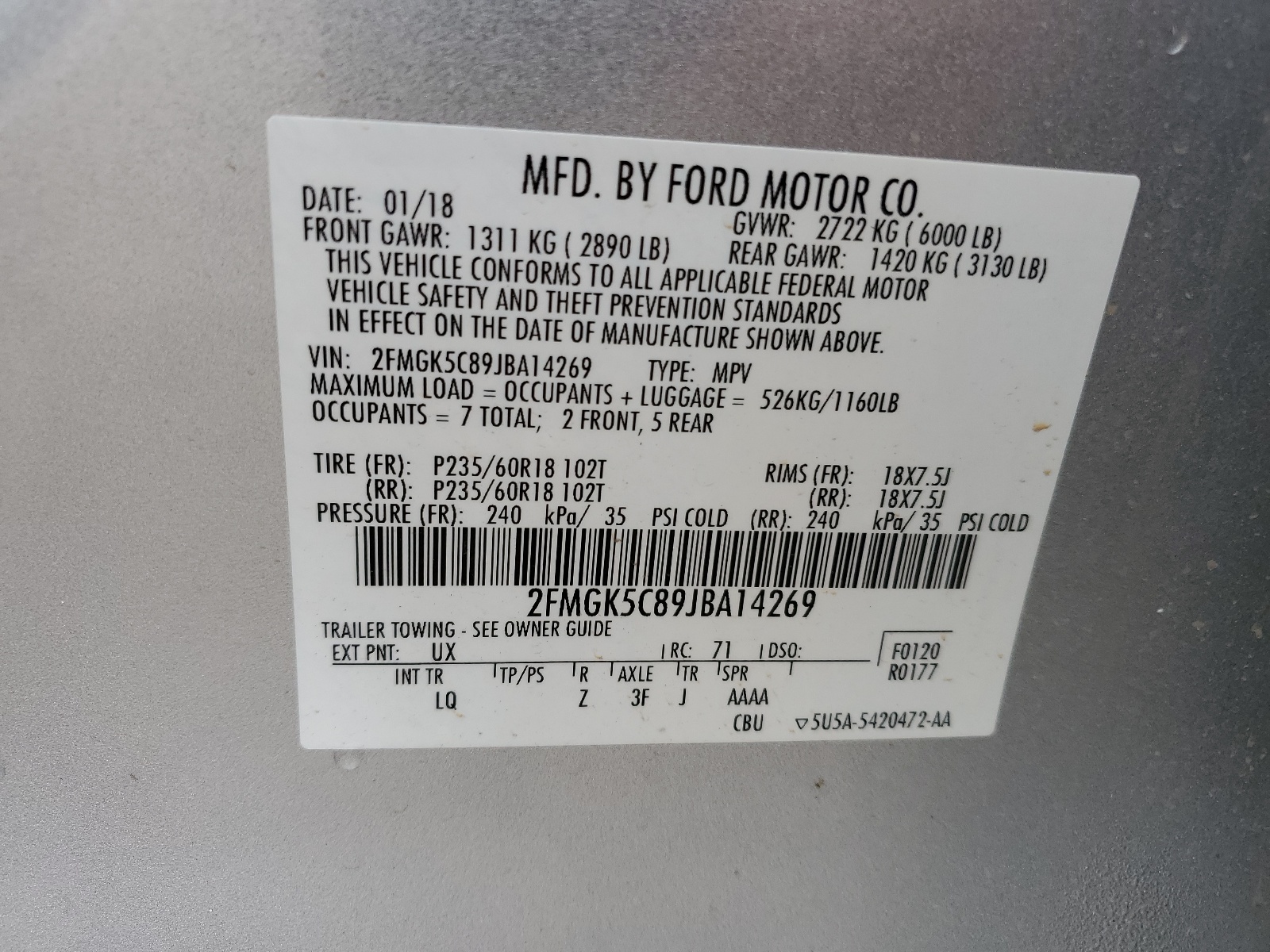 2FMGK5C89JBA14269 2018 Ford Flex Sel