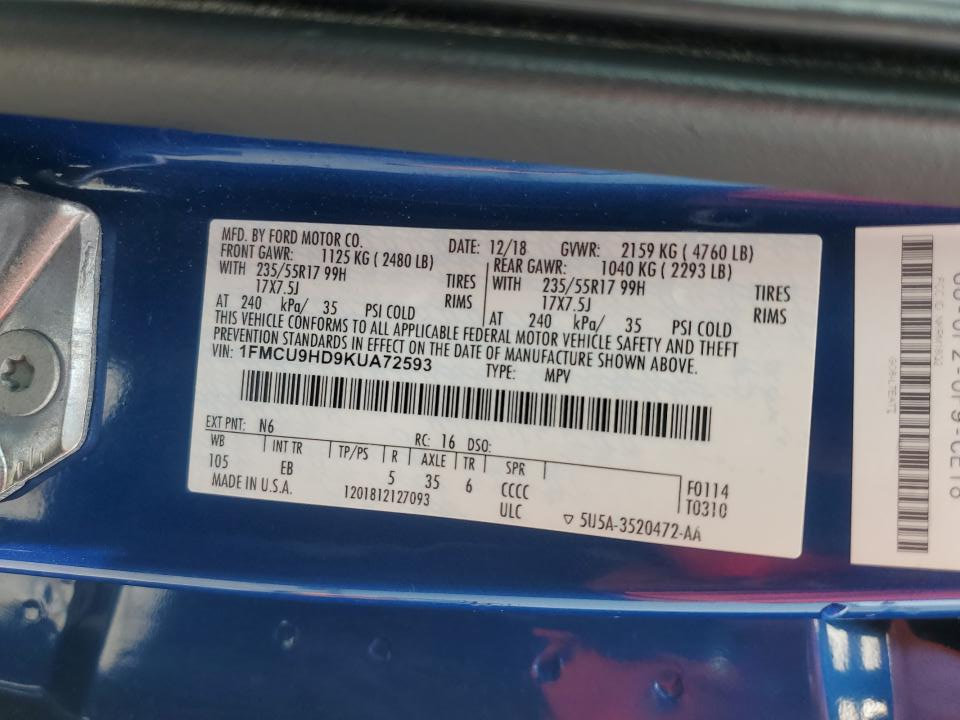 1FMCU9HD9KUA72593 2019 Ford Escape Sel