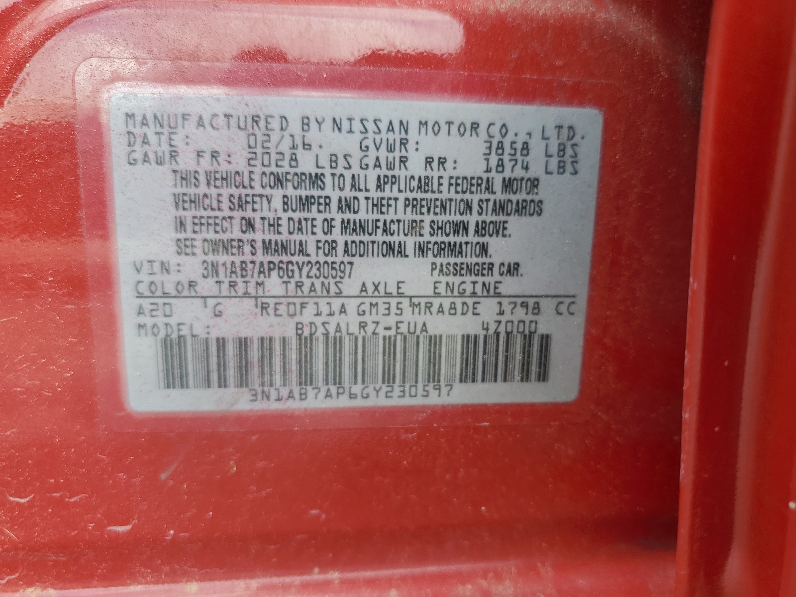 3N1AB7AP6GY230597 2016 Nissan Sentra S