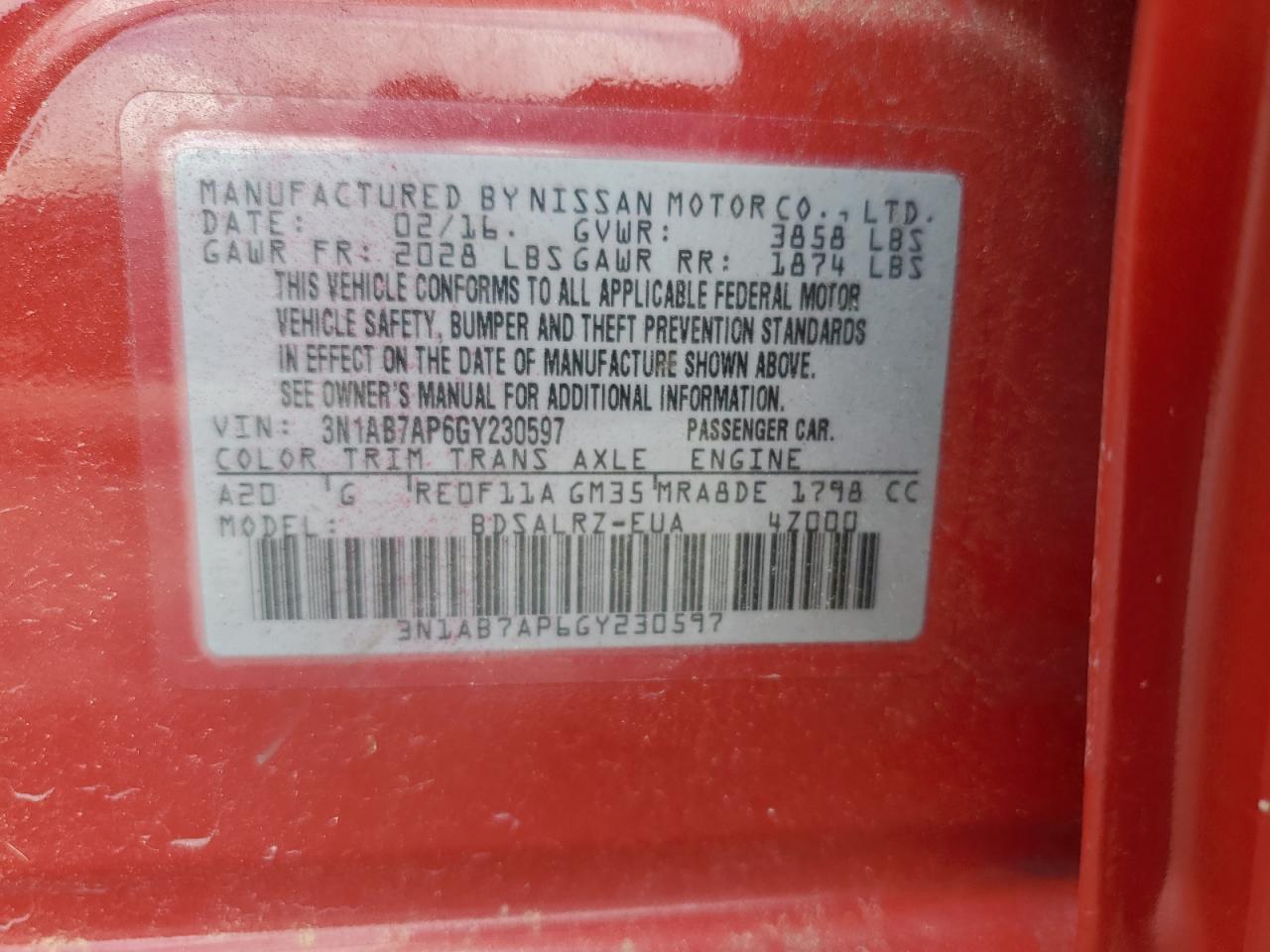 2016 Nissan Sentra S VIN: 3N1AB7AP6GY230597 Lot: 64324054