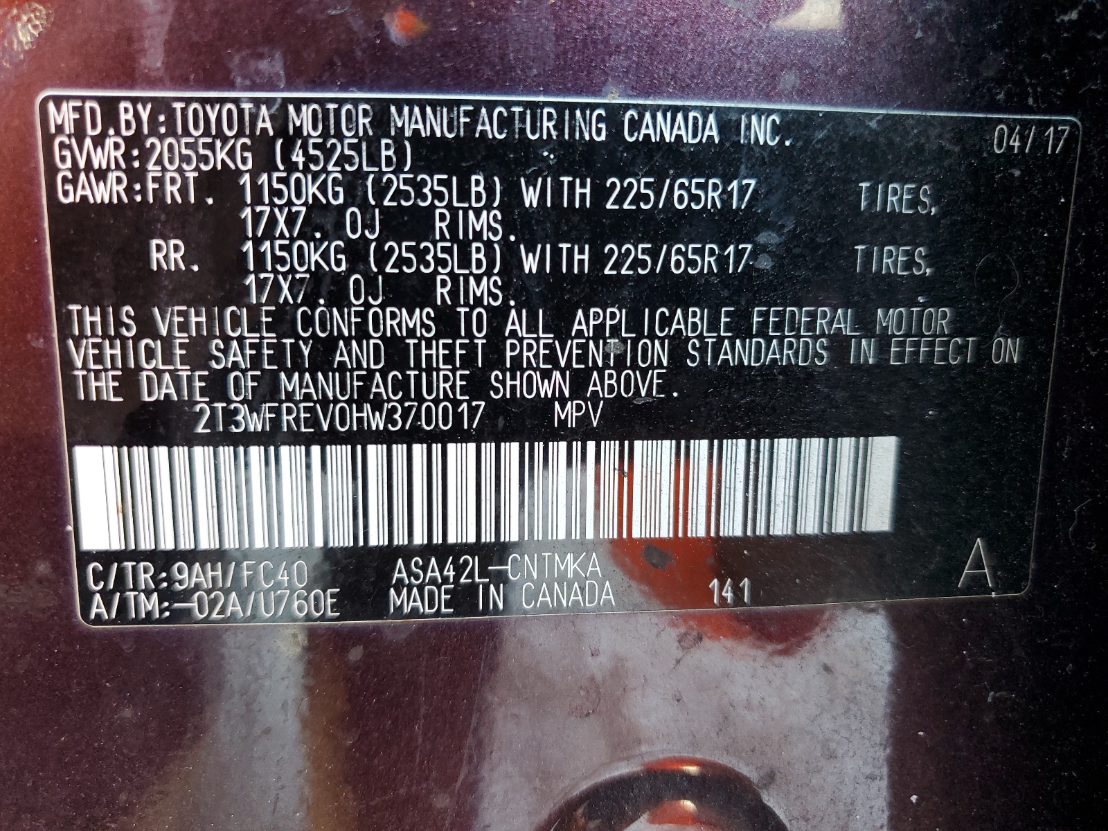 2T3WFREV0HW370017 2017 Toyota Rav4 Xle
