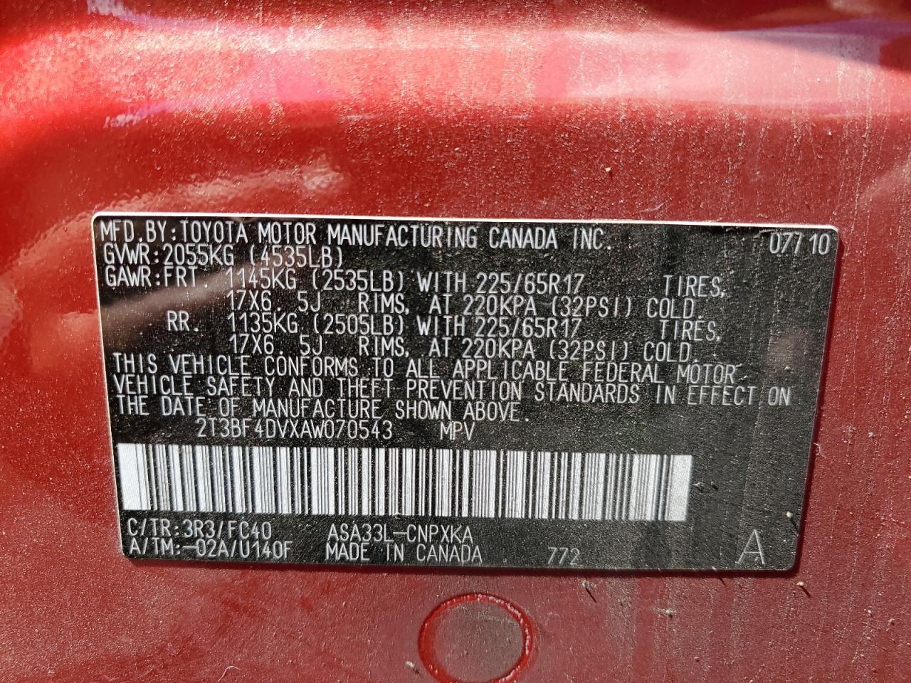 2010 Toyota Rav4 VIN: 2T3BF4DVXAW070543 Lot: 61241454