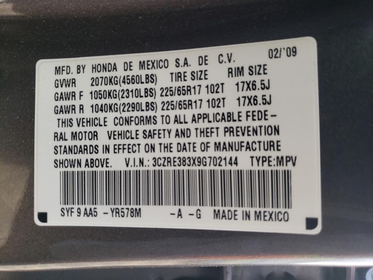 2009 Honda Cr-V Lx VIN: 3CZRE383X9G702144 Lot: 62125344