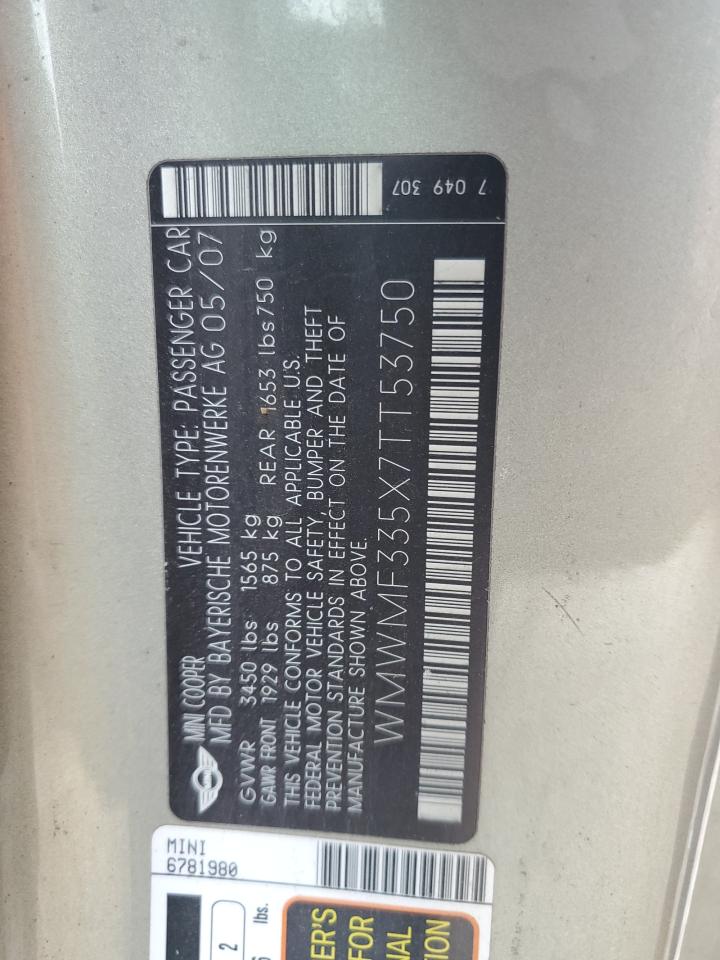 2007 Mini Cooper VIN: WMWMF335X7TT53750 Lot: 65263384