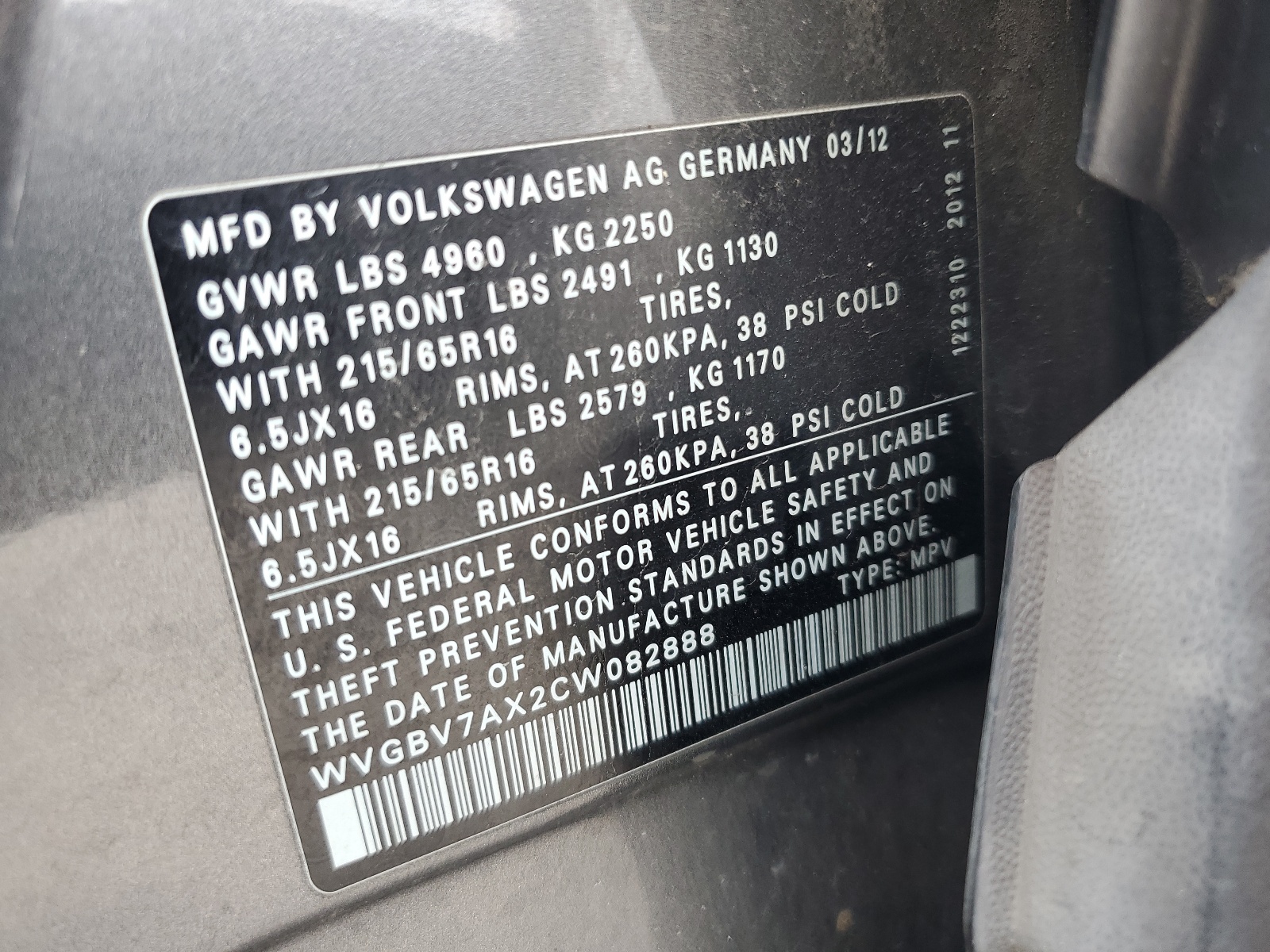 WVGBV7AX2CW082888 2012 Volkswagen Tiguan S