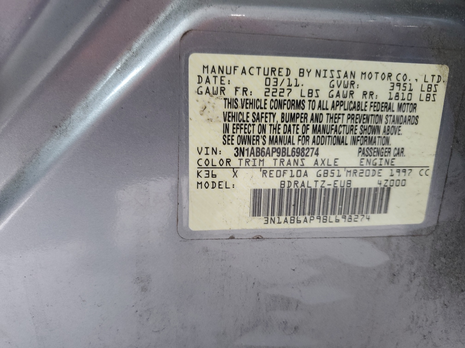 3N1AB6AP9BL698274 2011 Nissan Sentra 2.0