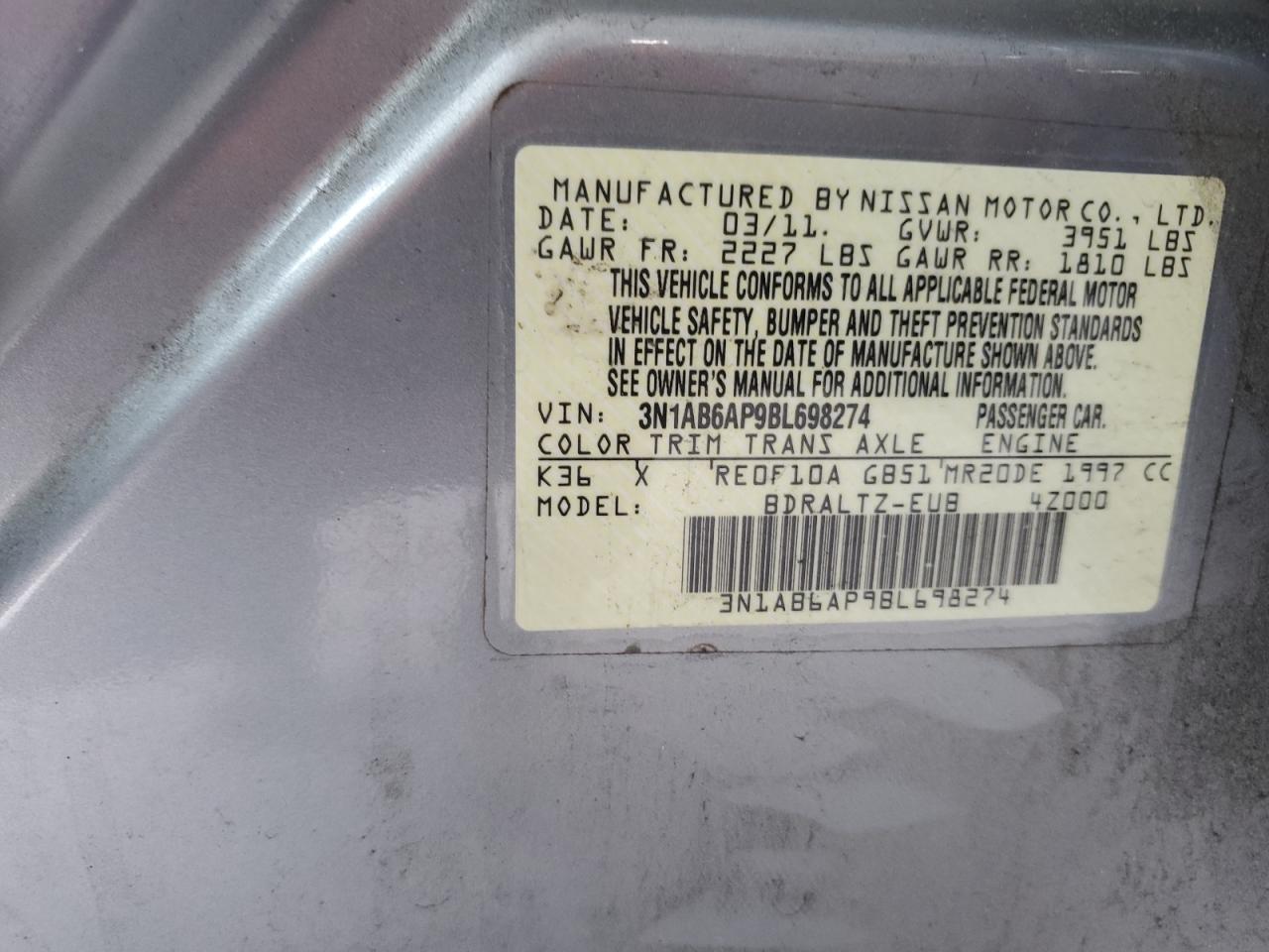 2011 Nissan Sentra 2.0 VIN: 3N1AB6AP9BL698274 Lot: 65020574