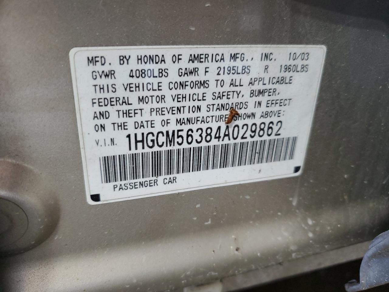 2004 Honda Accord Lx VIN: 1HGCM56384A029862 Lot: 62427554