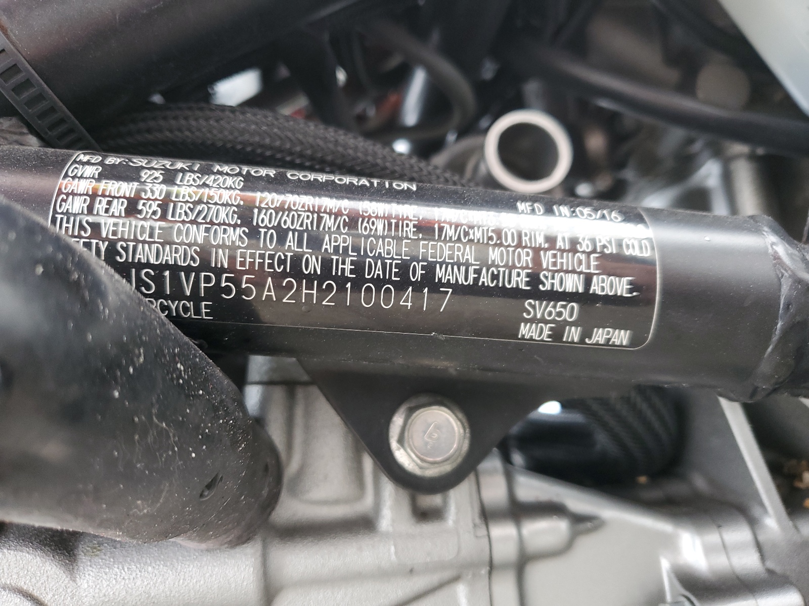 JS1VP55A2H2100417 2017 Suzuki Sv650