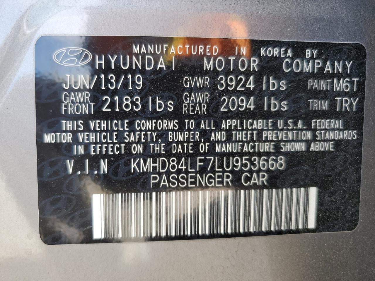 2020 Hyundai Elantra Sel VIN: KMHD84LF7LU953668 Lot: 64950204