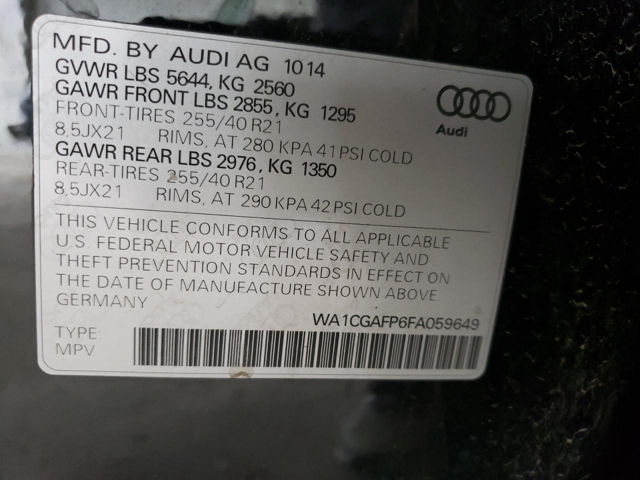 2015 Audi Sq5 Premium Plus VIN: WA1CGAFP6FA059649 Lot: 63836994