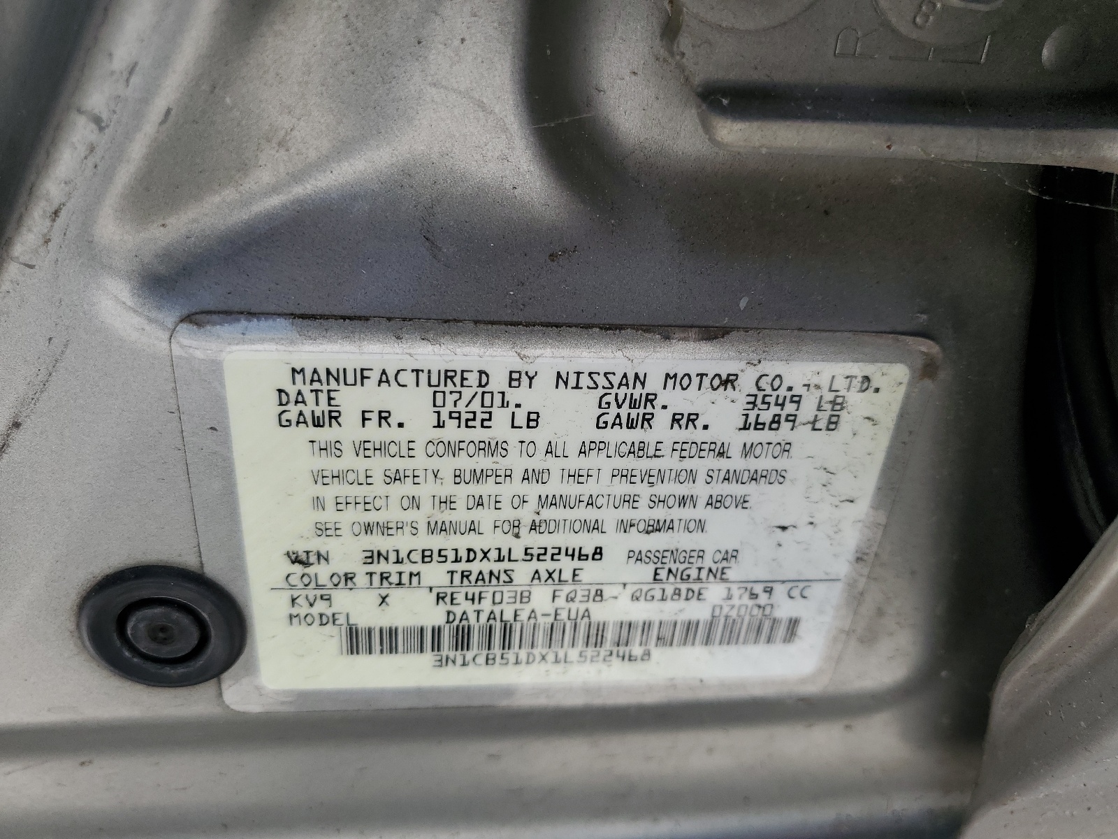 3N1CB51DX1L522468 2001 Nissan Sentra Xe