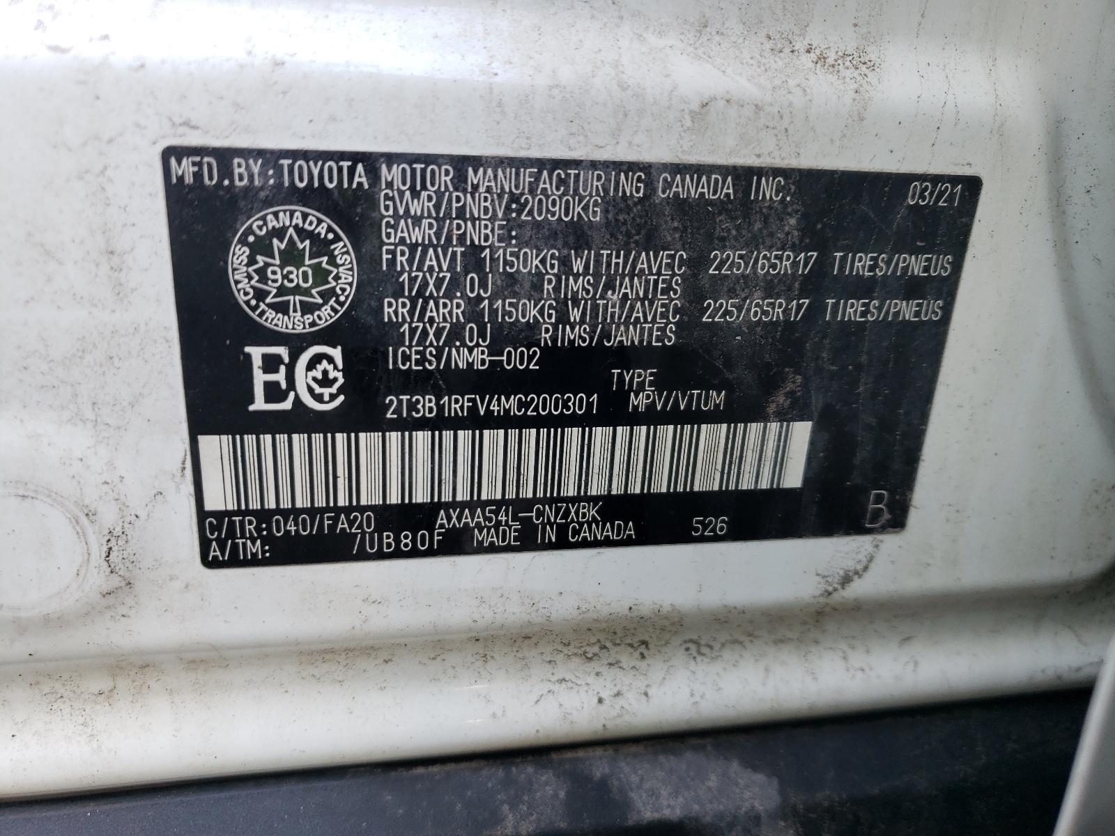 2T3B1RFV4MC200301 2021 Toyota Rav4 Le