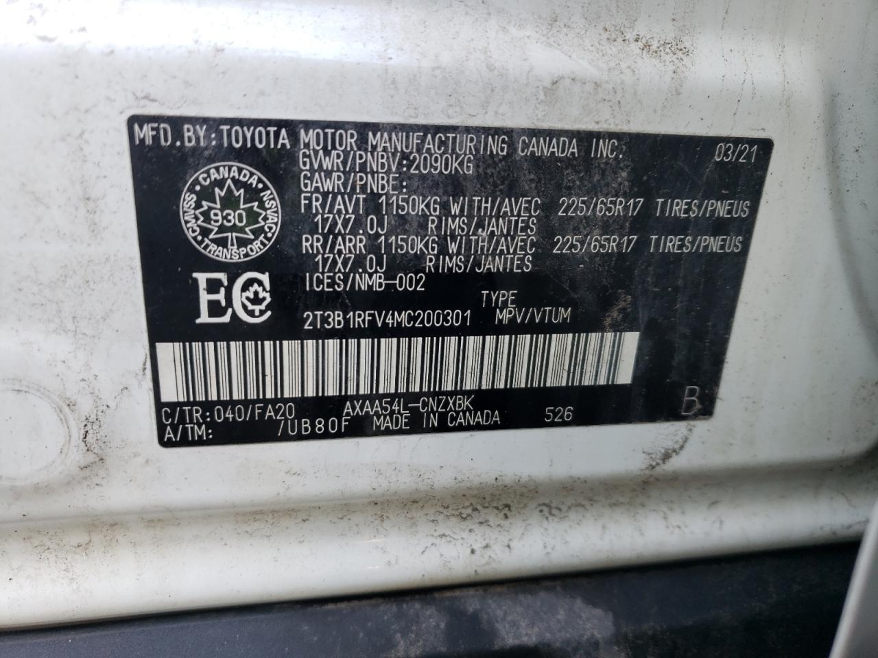 2021 Toyota Rav4 Le VIN: 2T3B1RFV4MC200301 Lot: 63991904