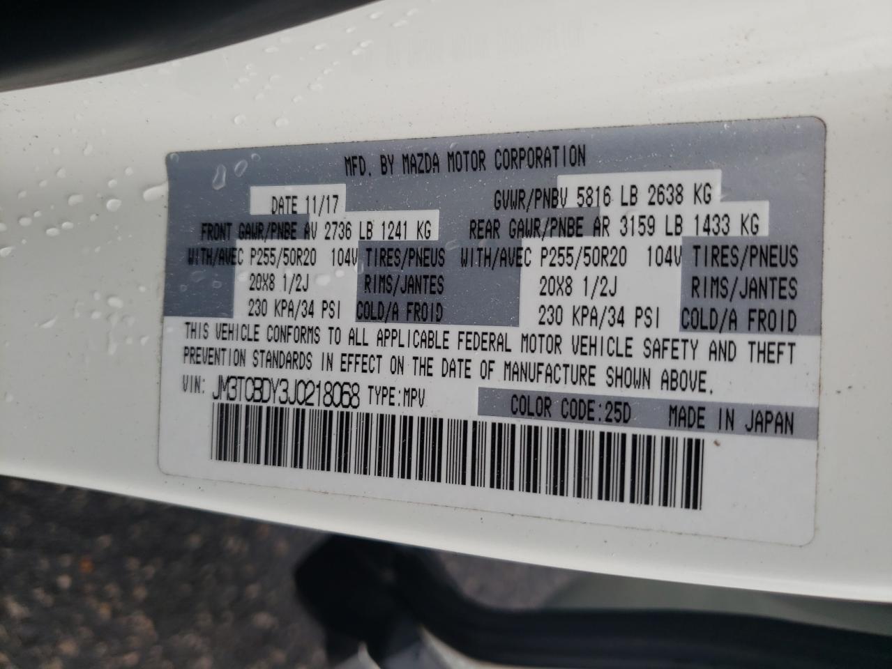 2018 Mazda Cx-9 Grand Touring VIN: JM3TCBDY3J0218068 Lot: 64337184