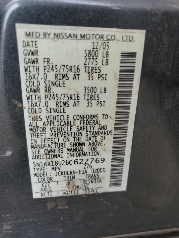 2006 Nissan Pathfinder Le VIN: 5N1AR18U26C622769 Lot: 63984054