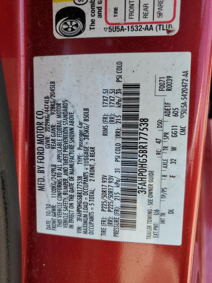 2011 Ford Fusion Se VIN: 3FAHP0HG5BR177538 Lot: 62891474