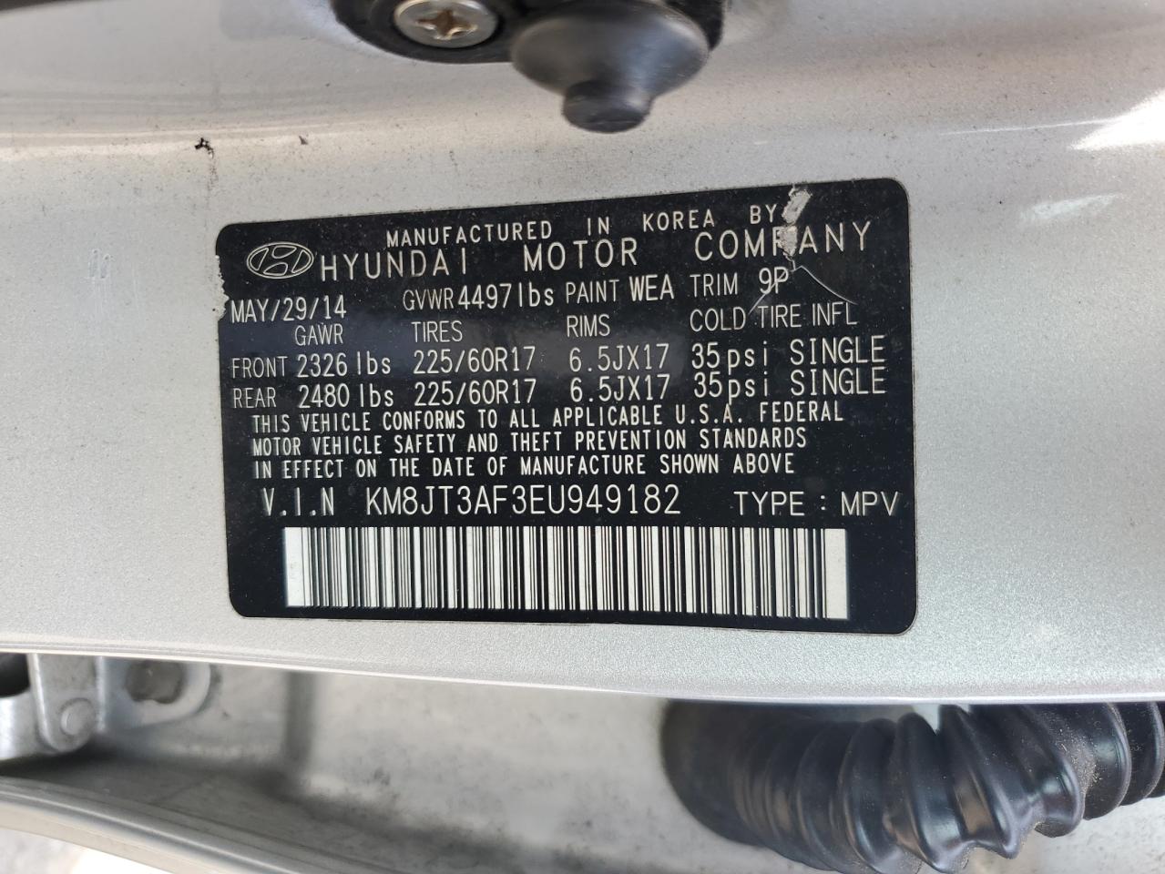 2014 Hyundai Tucson Gls VIN: KM8JT3AF3EU949182 Lot: 64901114