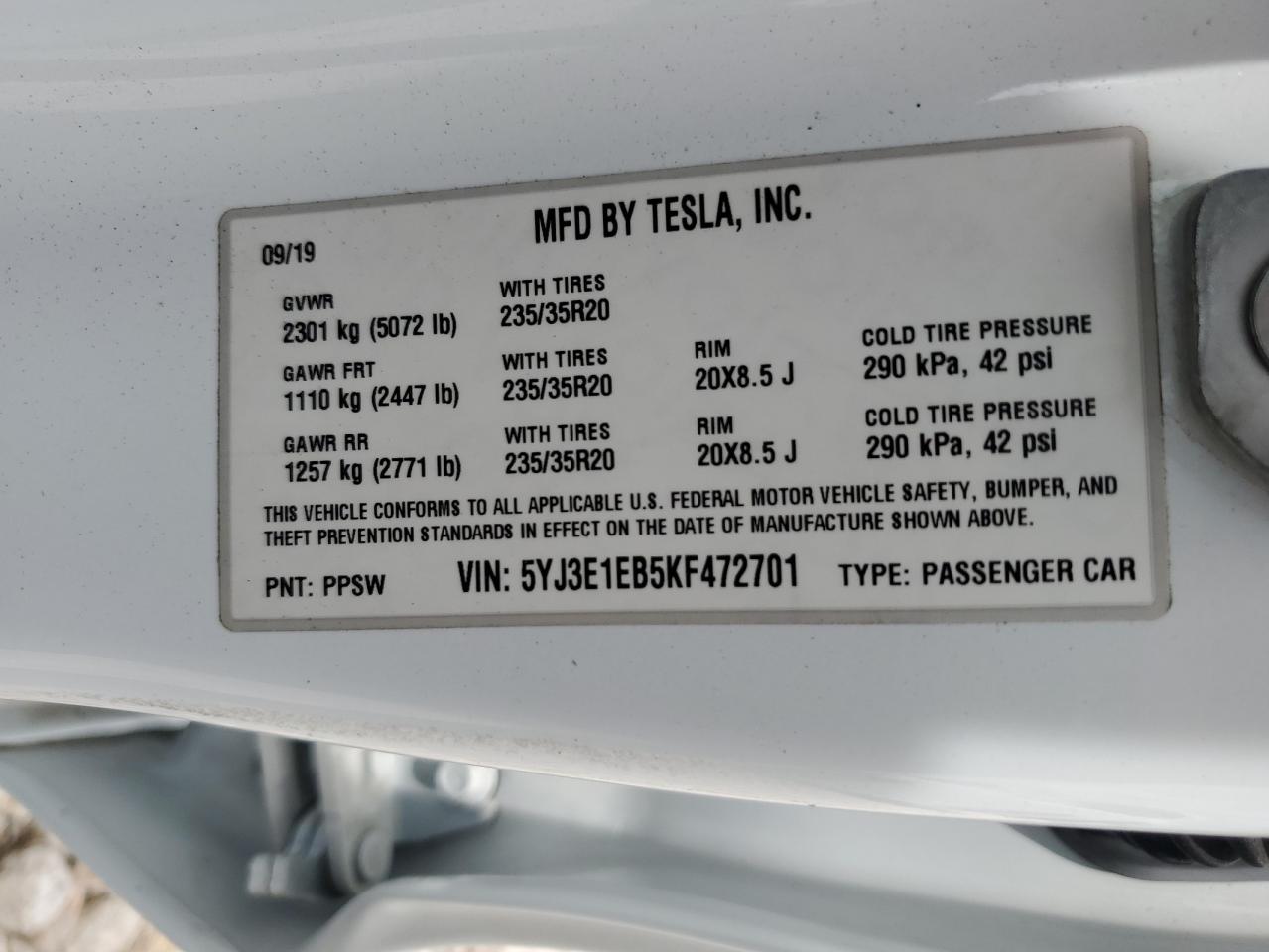 5YJ3E1EB5KF472701 2019 Tesla Model 3