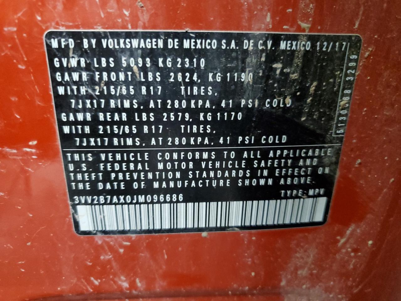 2018 Volkswagen Tiguan Se VIN: 3VV2B7AX0JM096686 Lot: 64421594