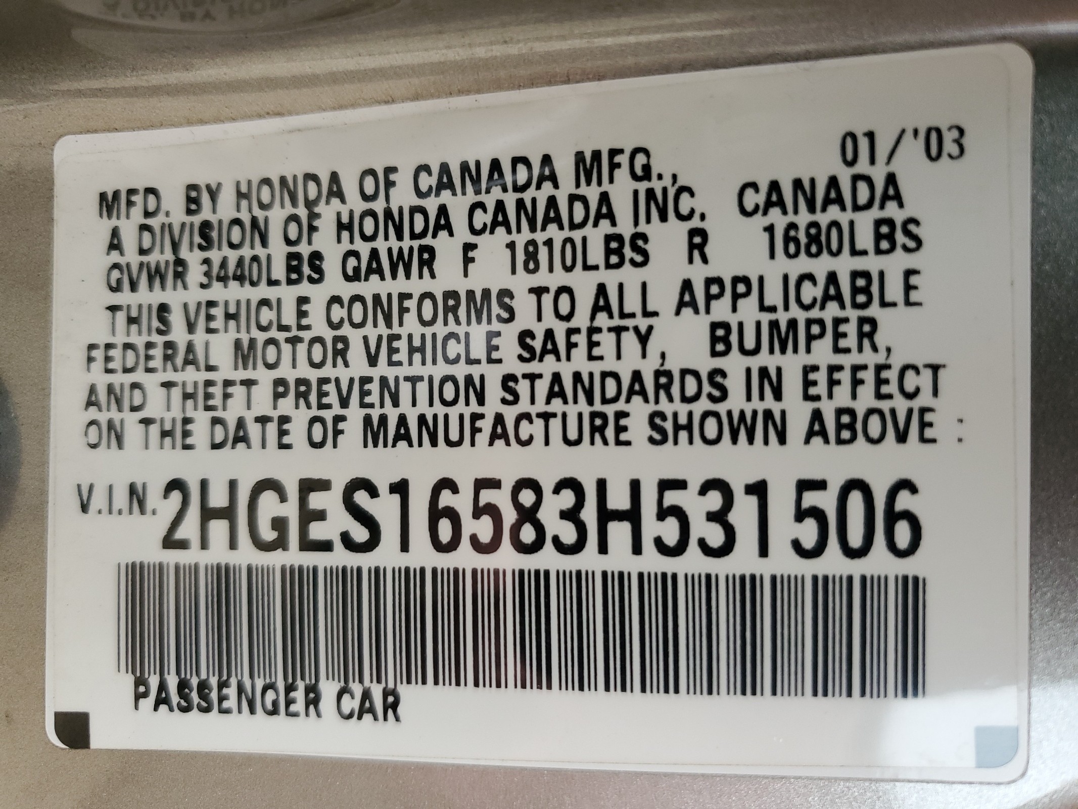 2HGES16583H531506 2003 Honda Civic Lx