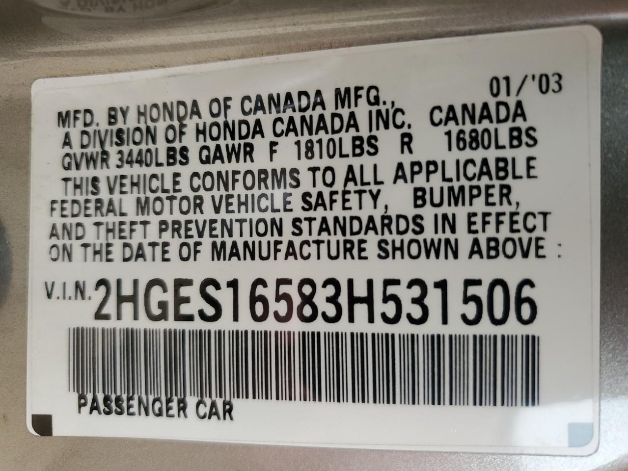 2003 Honda Civic Lx VIN: 2HGES16583H531506 Lot: 63044554