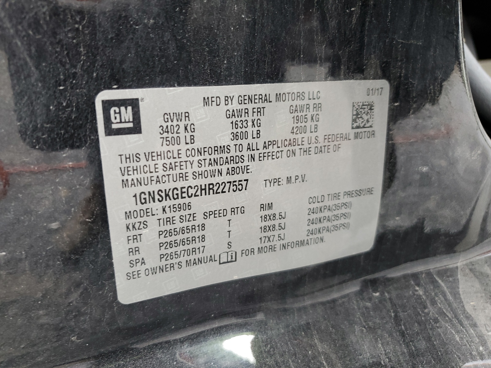 1GNSKGEC2HR227557 2017 Chevrolet Suburban K1500 Ls