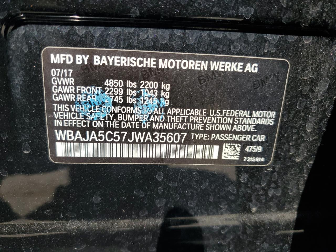 2018 BMW 530 I VIN: WBAJA5C57JWA35607 Lot: 64098904