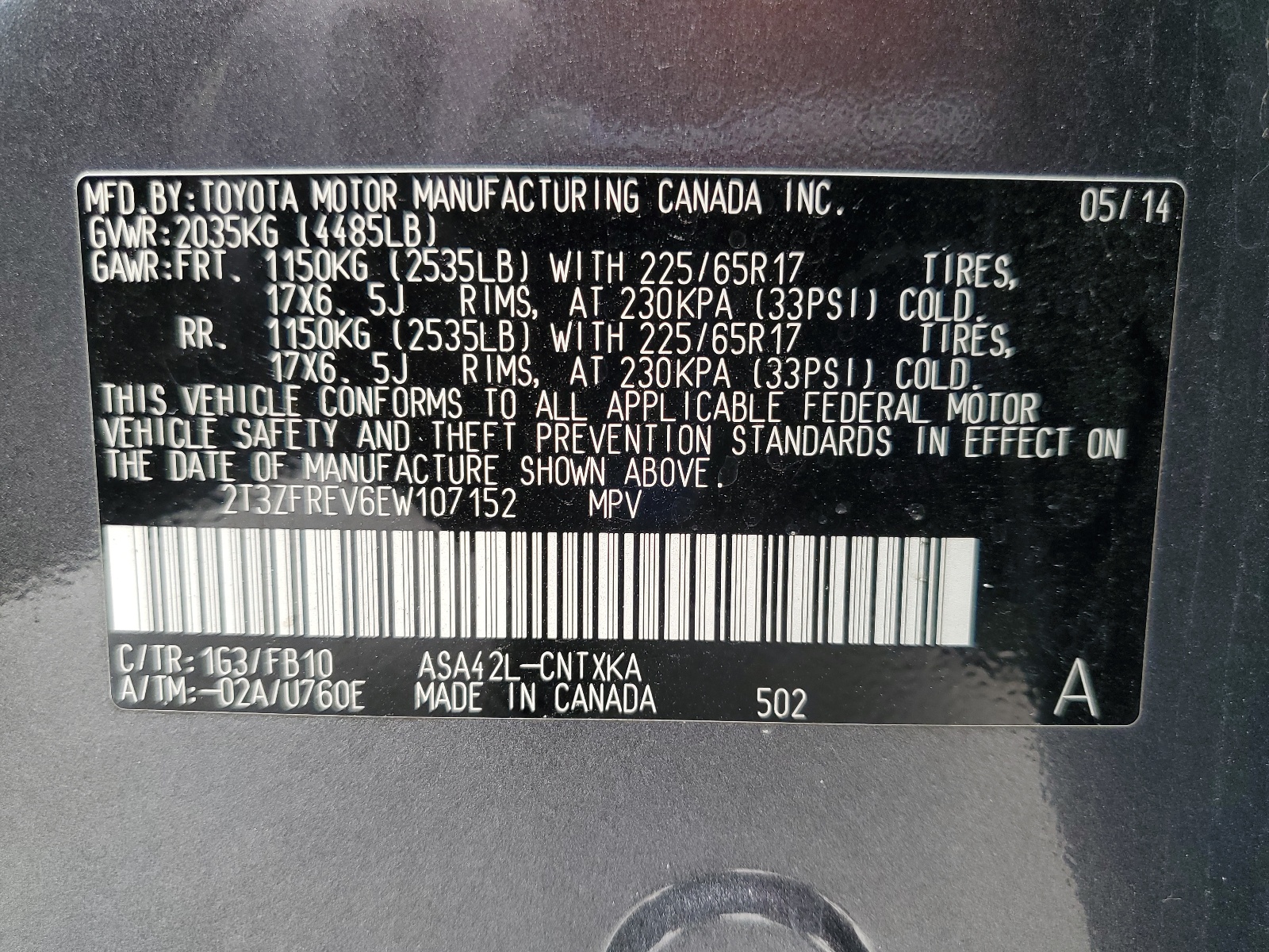 2T3ZFREV6EW107152 2014 Toyota Rav4 Le