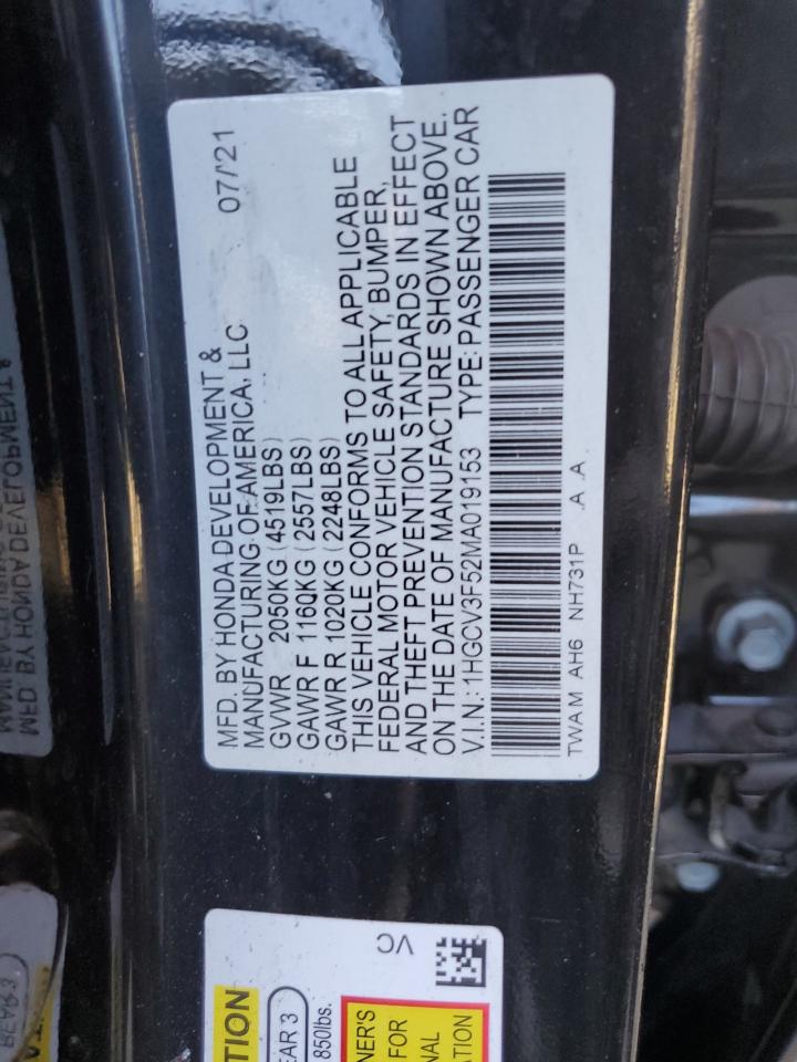 1HGCV3F52MA019153 2021 Honda Accord Hybrid Exl