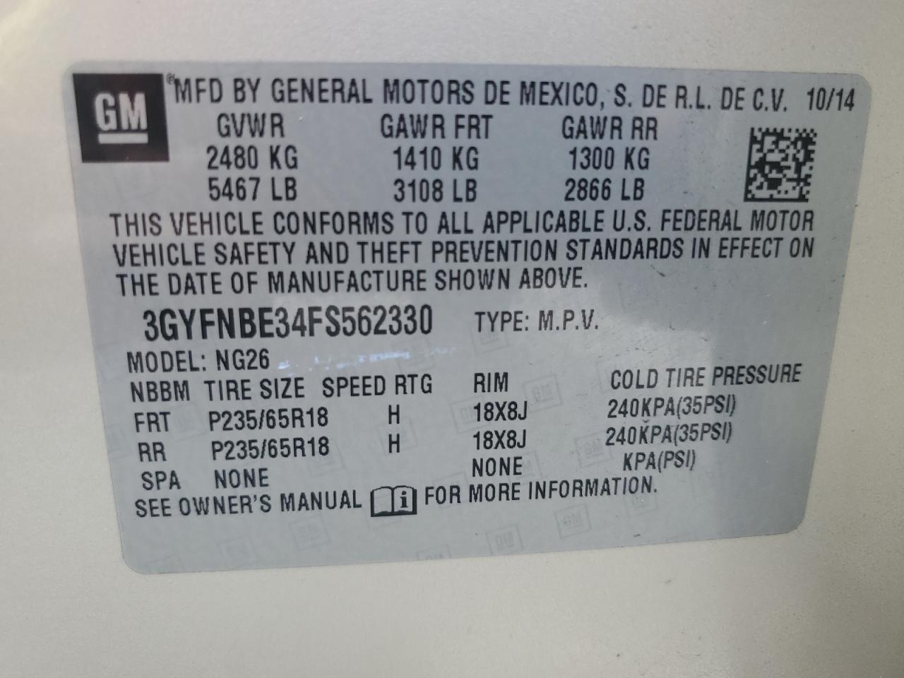 2015 Cadillac Srx Luxury Collection VIN: 3GYFNBE34FS562330 Lot: 63852504