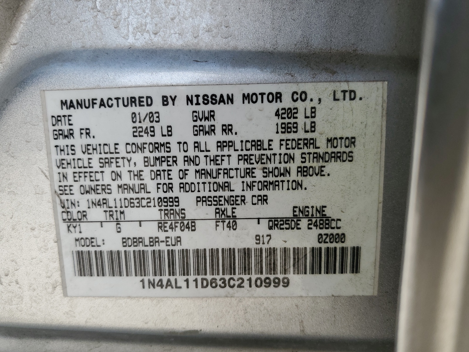 1N4AL11D63C210999 2003 Nissan Altima Base
