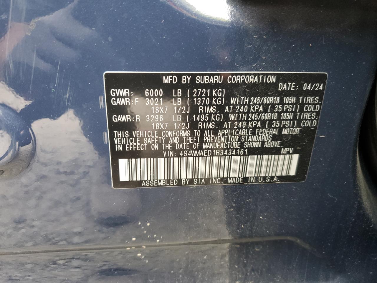 2024 Subaru Ascent Premium VIN: 4S4WMAED1R3434161 Lot: 64064284