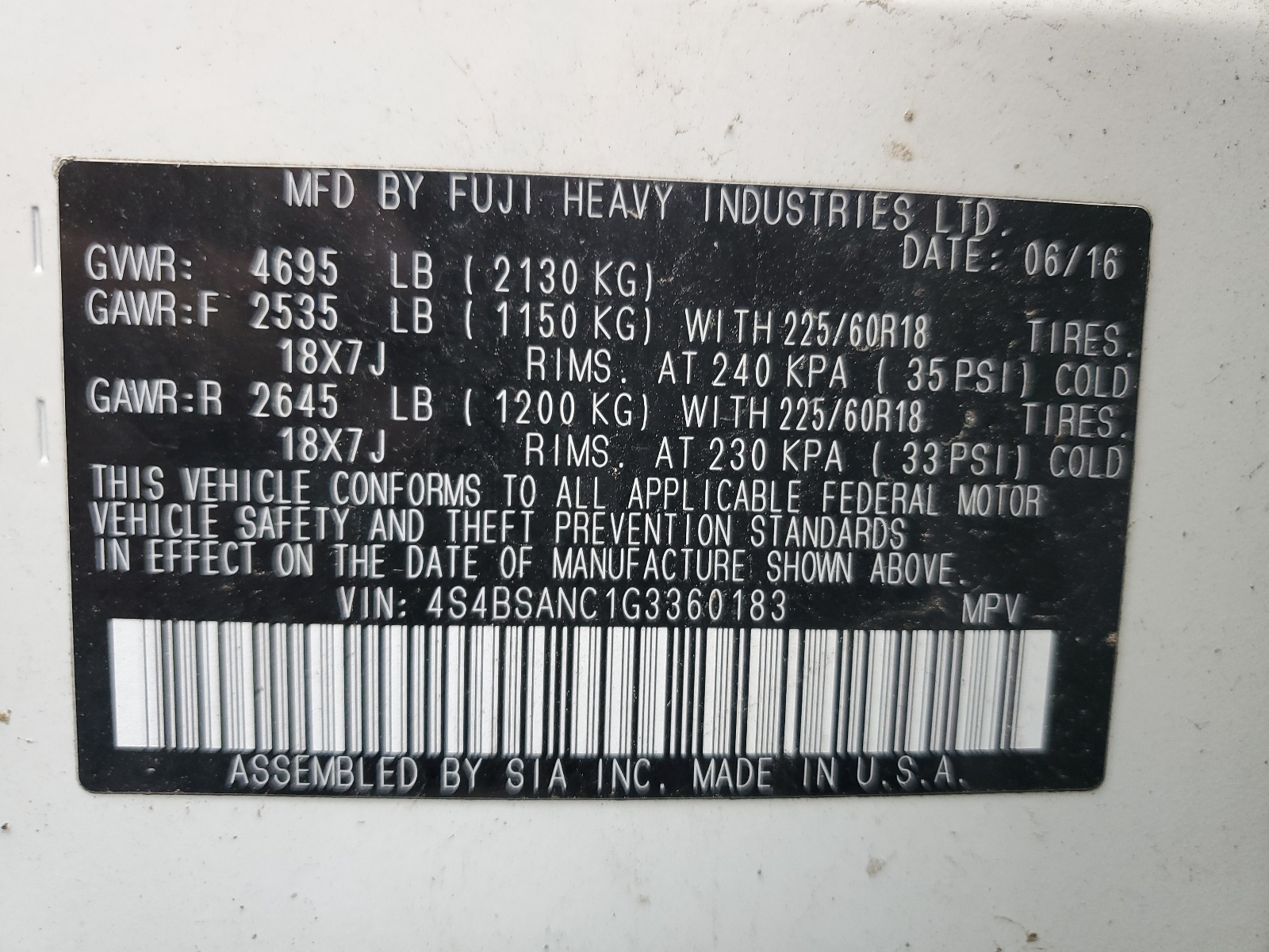 4S4BSANC1G3360183 2016 Subaru Outback 2.5I Limited