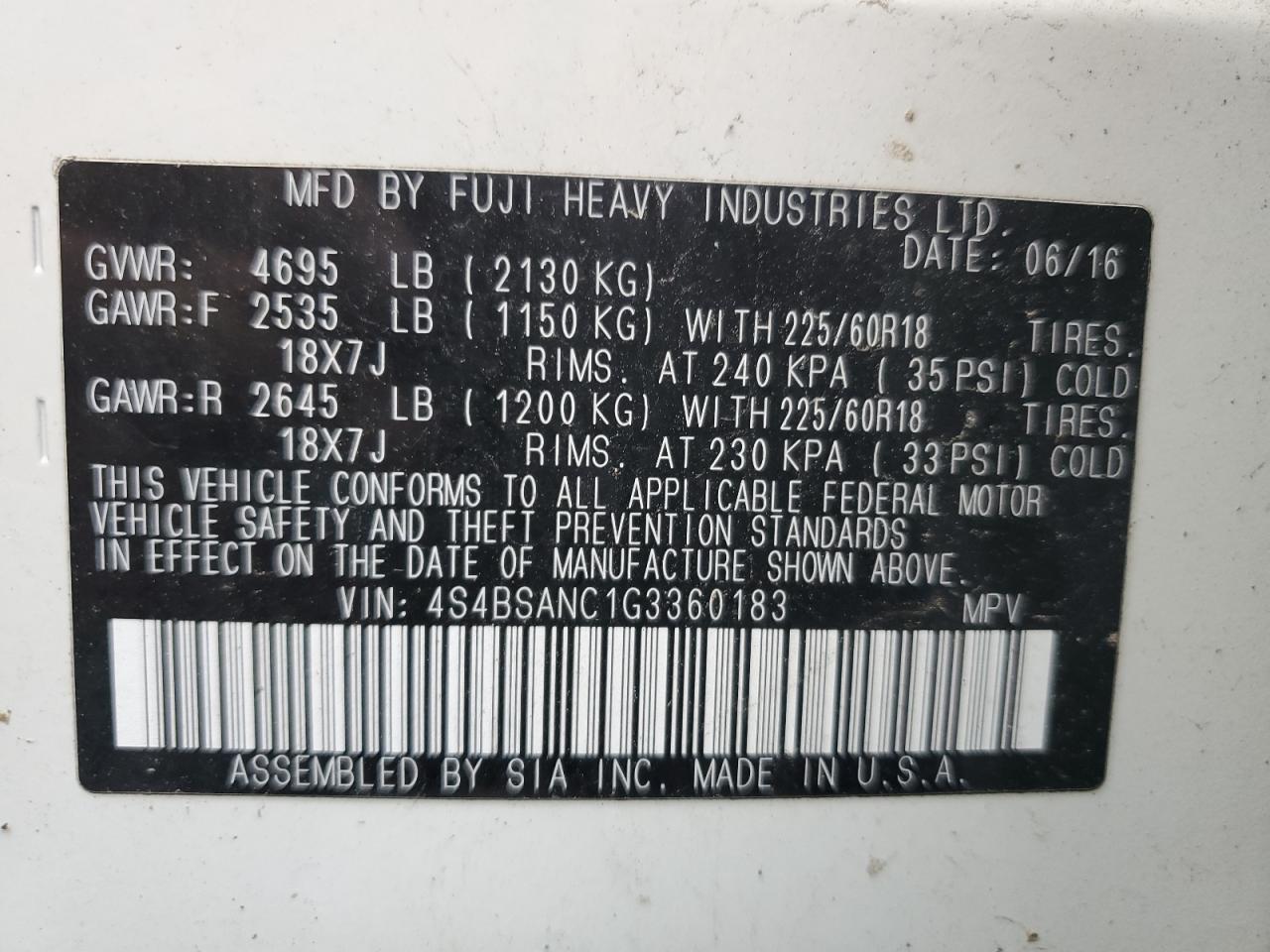 2016 Subaru Outback 2.5I Limited VIN: 4S4BSANC1G3360183 Lot: 63459814