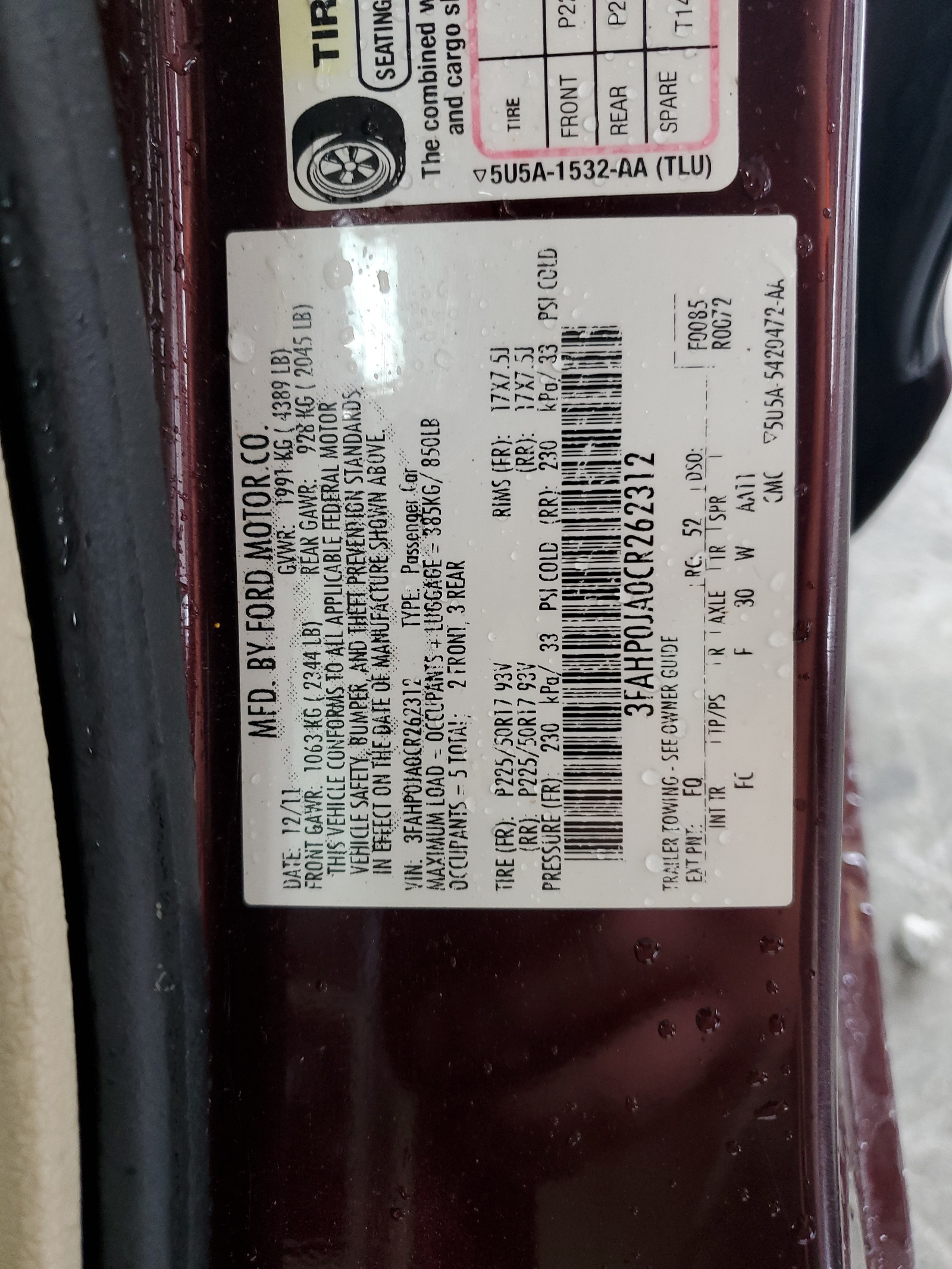 3FAHP0JA0CR262312 2012 Ford Fusion Sel