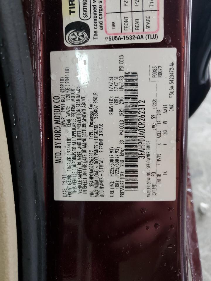 2012 Ford Fusion Sel VIN: 3FAHP0JA0CR262312 Lot: 63243914