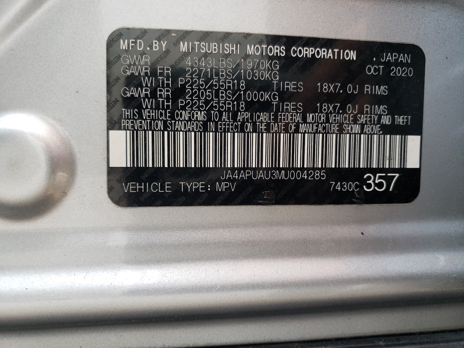 JA4APUAU3MU004285 2021 Mitsubishi Outlander Sport Es