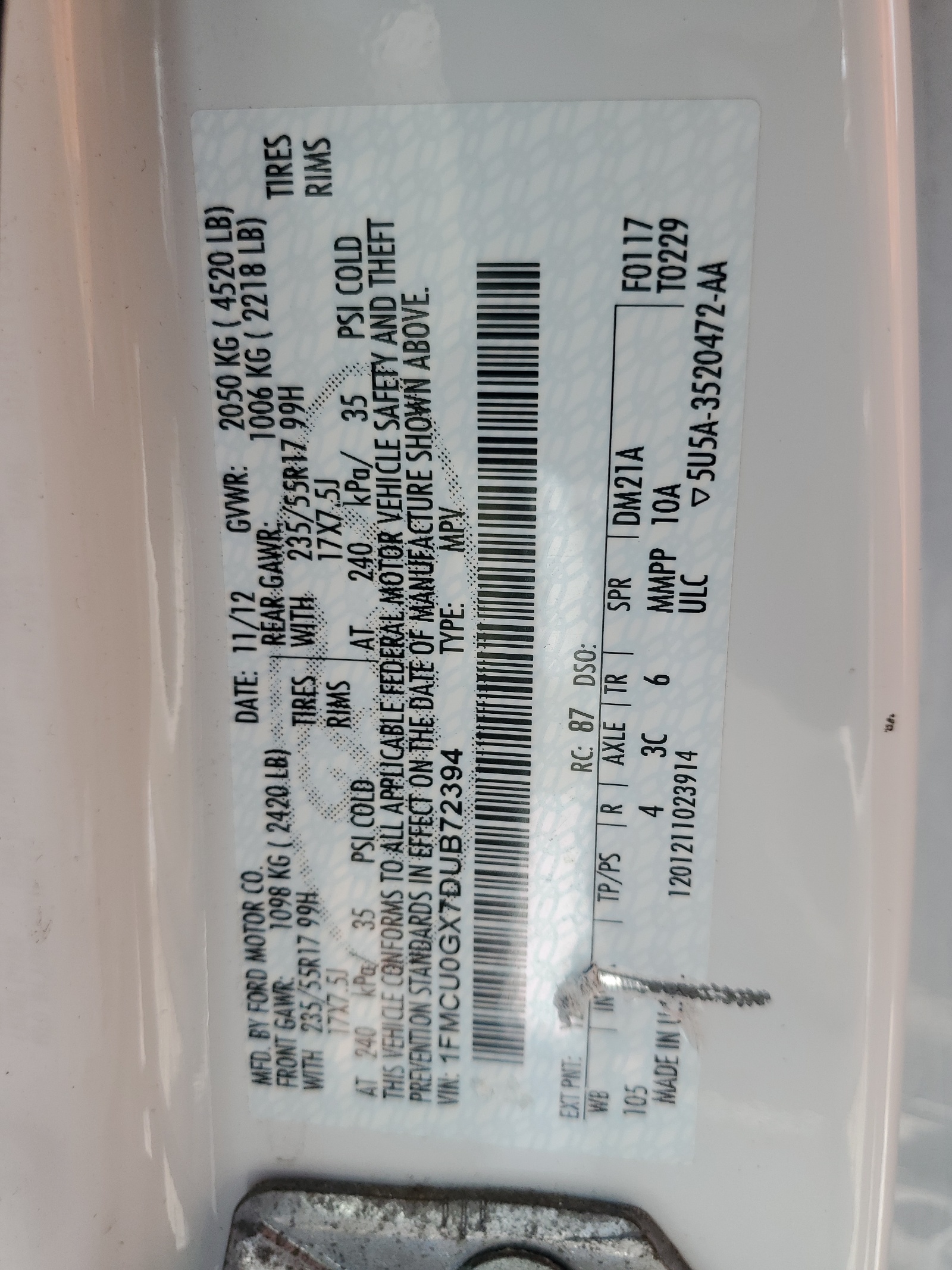 1FMCU0GX7DUB72394 2013 Ford Escape Se