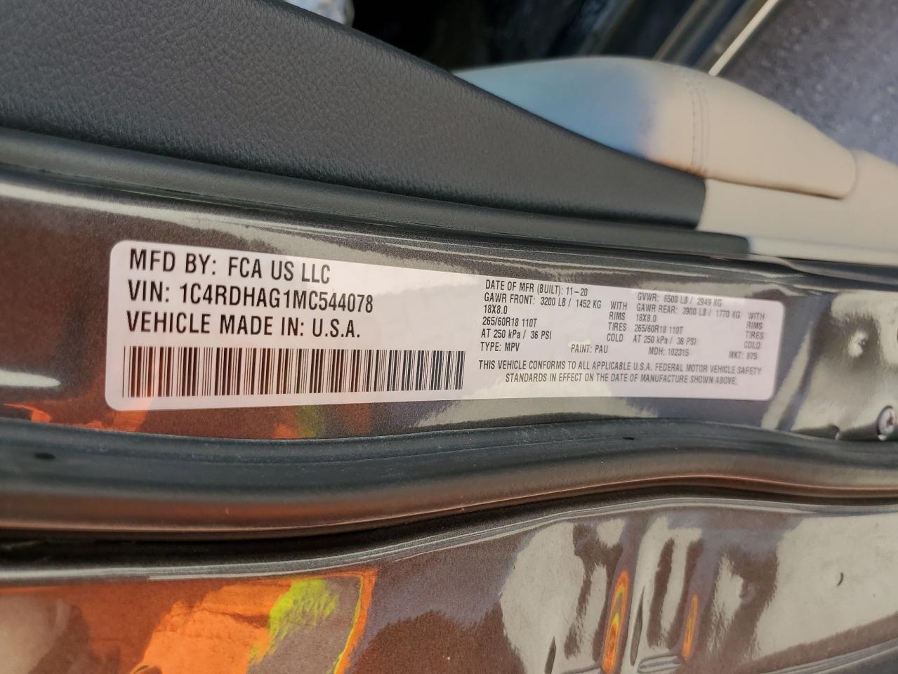 2021 Dodge Durango Sxt VIN: 1C4RDHAG1MC544078 Lot: 65165454