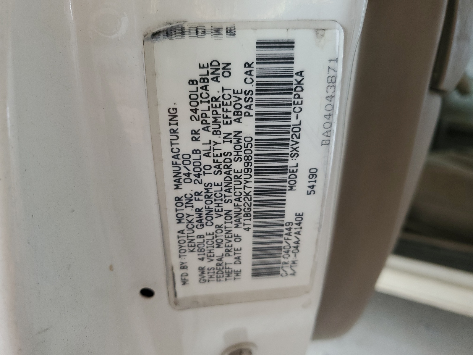 4T1BG22K7YU998050 2000 Toyota Camry Ce