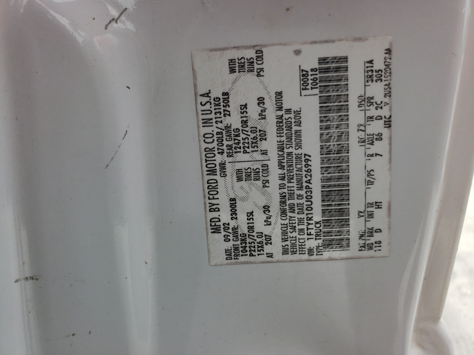 1FTYR10U03PA26997 2003 Ford Ranger