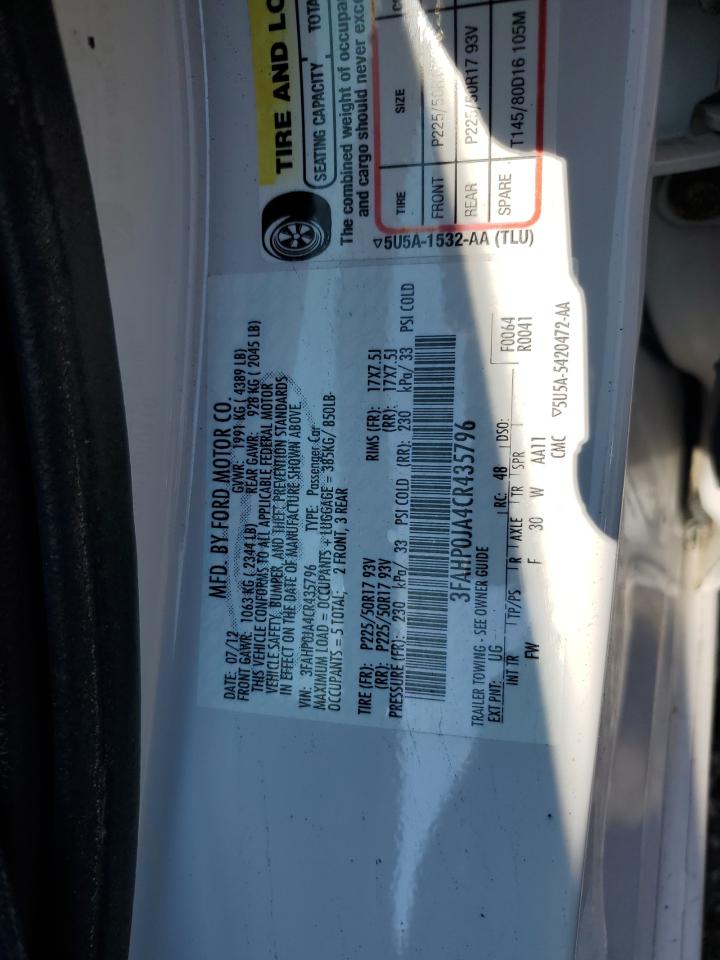 2012 Ford Fusion Sel VIN: 3FAHP0JA4CR435796 Lot: 63255314