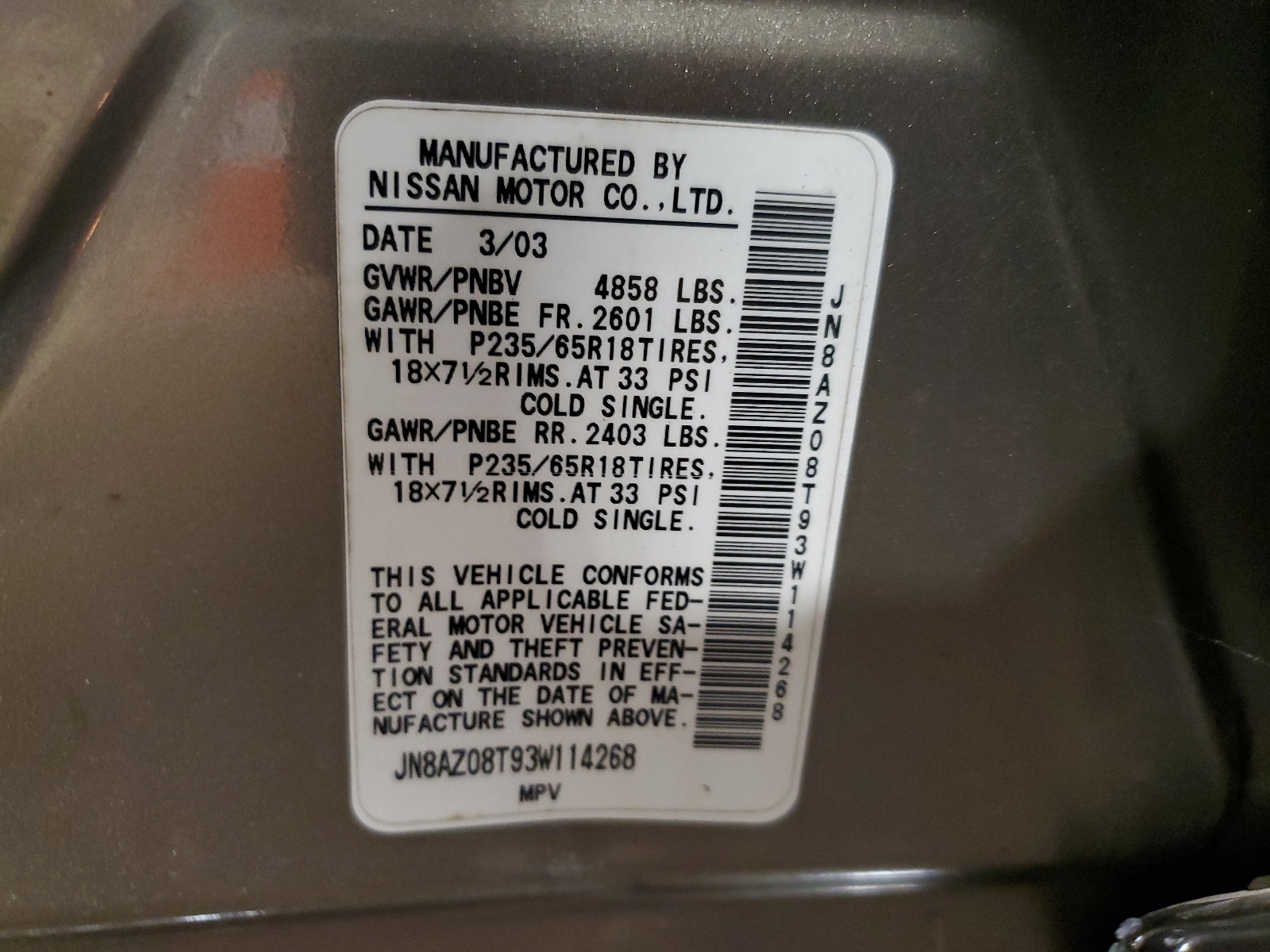 JN8AZ08T93W114268 2003 Nissan Murano Sl