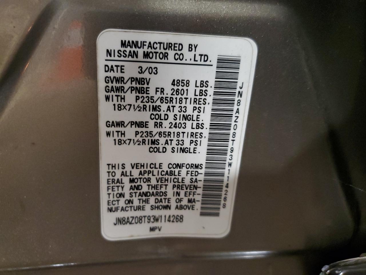 2003 Nissan Murano Sl VIN: JN8AZ08T93W114268 Lot: 64233544