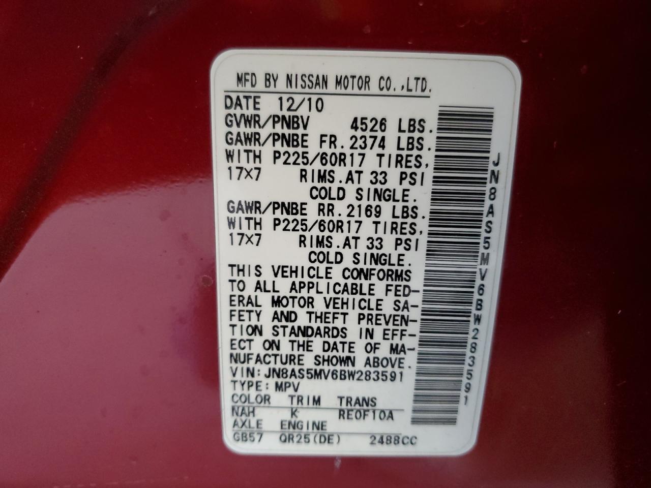 2011 Nissan Rogue S VIN: JN8AS5MV6BW283591 Lot: 63457244