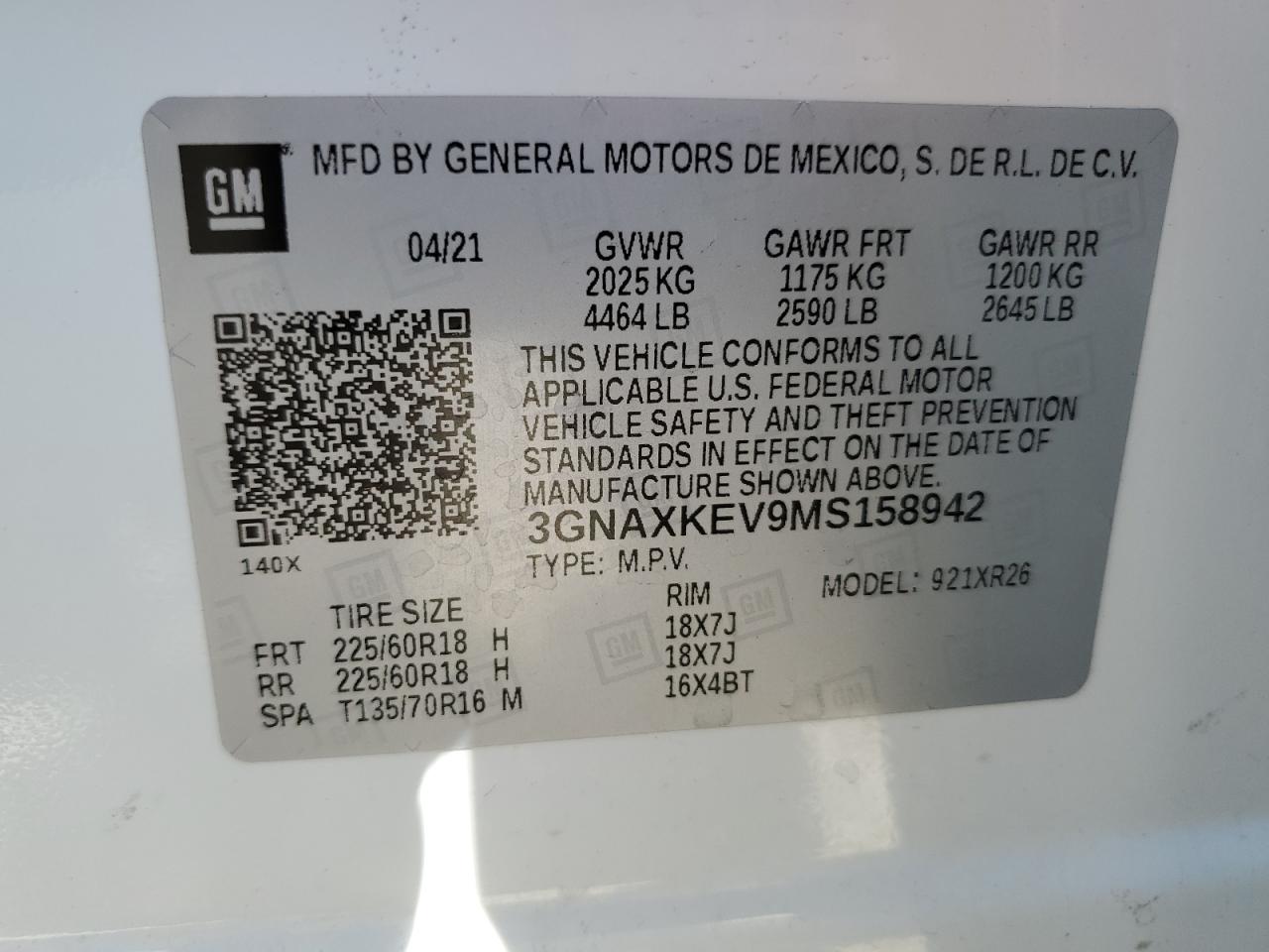 2021 Chevrolet Equinox Lt VIN: 3GNAXKEV9MS158942 Lot: 65492984