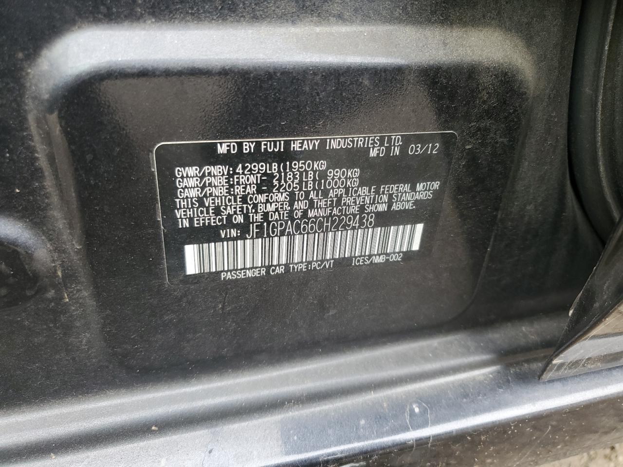 2012 Subaru Impreza Premium VIN: JF1GPAC66CH229438 Lot: 63980354