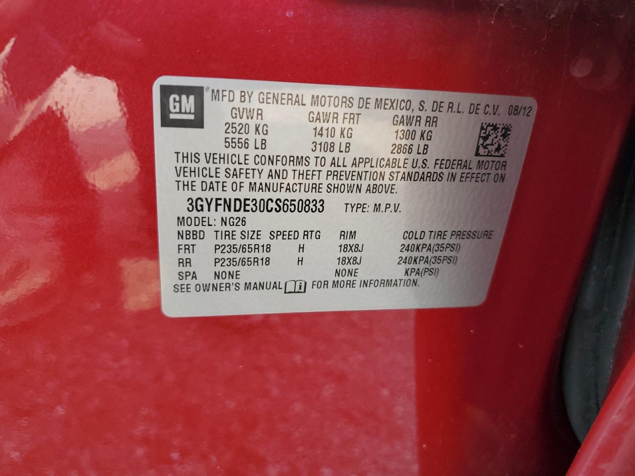 2012 Cadillac Srx Luxury Collection VIN: 3GYFNDE30CS650833 Lot: 64255574