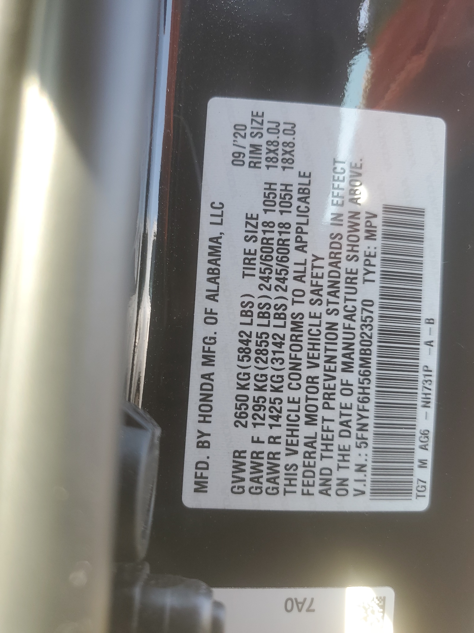 5FNYF6H56MB023570 2021 Honda Pilot Exl